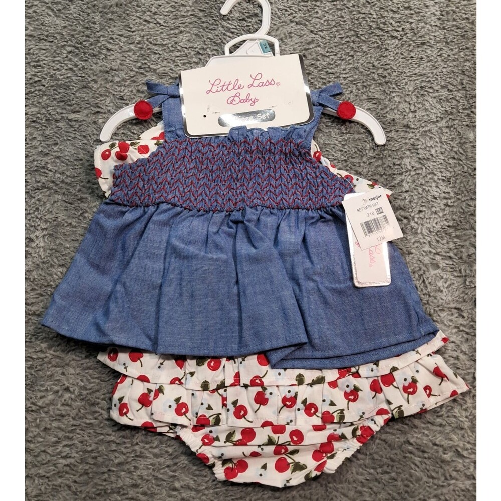 New Little Lass Baby Girls Sz 12 M 3 Piece Outfit Tank Top Shirt Hat Bloomers